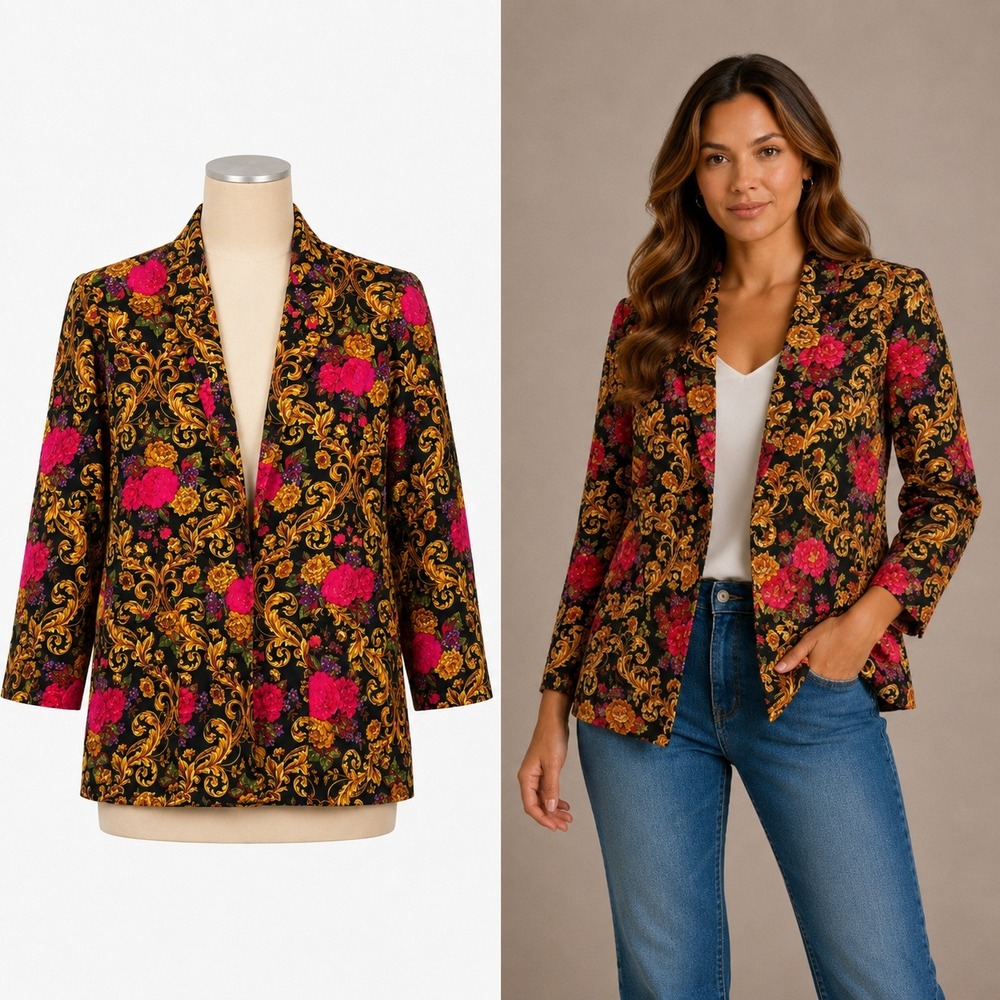 Connections Blazer Women M Black Gold Floral Baroque Filigree Vintage Open Front